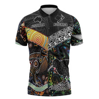 Australia New Zealand Personalised Zipper Polo Shirt Maori Aboriginal Art Style LT9 Black - Polynesian Pride