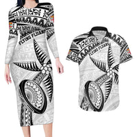 Custom Fiji Rugby Pacific Couples Matching Long Sleeve Bodycon Dress and Hawaiian Shirt Polynesian Palm Tattoo LT9 White - Polynesian Pride