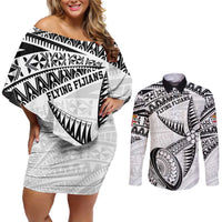 Custom Fiji Rugby Pacific Couples Matching Off Shoulder Short Dress and Long Sleeve Button Shirt Polynesian Palm Tattoo LT9 White - Polynesian Pride