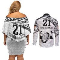 Custom Fiji Rugby Pacific Couples Matching Off Shoulder Short Dress and Long Sleeve Button Shirt Polynesian Palm Tattoo LT9 - Polynesian Pride