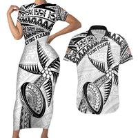 Custom Fiji Rugby Pacific Couples Matching Short Sleeve Bodycon Dress and Hawaiian Shirt Polynesian Palm Tattoo LT9 White - Polynesian Pride