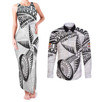 Custom Fiji Rugby Pacific Couples Matching Tank Maxi Dress and Long Sleeve Button Shirt Polynesian Palm Tattoo LT9 White - Polynesian Pride