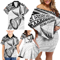 Custom Fiji Rugby Pacific Family Matching Off Shoulder Short Dress and Hawaiian Shirt Polynesian Palm Tattoo LT9 - Polynesian Pride