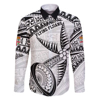 Custom Fiji Rugby Pacific Family Matching Off Shoulder Short Dress and Hawaiian Shirt Polynesian Palm Tattoo LT9 Dad's Shirt - Long Sleeve White - Polynesian Pride