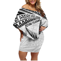 Custom Fiji Rugby Pacific Family Matching Off Shoulder Short Dress and Hawaiian Shirt Polynesian Palm Tattoo LT9 Mom's Dress White - Polynesian Pride