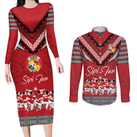 Personalised Tonga Rugby Pacific Couples Matching Long Sleeve Bodycon Dress and Long Sleeve Button Shirt Ikale Tahi Sipi Tau LT9 Red - Polynesian Pride