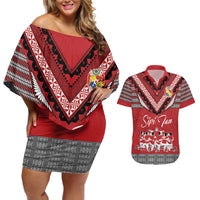 Personalised Tonga Rugby Pacific Couples Matching Off Shoulder Short Dress and Hawaiian Shirt Ikale Tahi Sipi Tau LT9 Red - Polynesian Pride