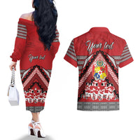 Personalised Tonga Rugby Pacific Couples Matching Off The Shoulder Long Sleeve Dress and Hawaiian Shirt Ikale Tahi Sipi Tau LT9 - Polynesian Pride