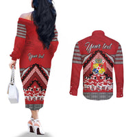 Personalised Tonga Rugby Pacific Couples Matching Off The Shoulder Long Sleeve Dress and Long Sleeve Button Shirt Ikale Tahi Sipi Tau LT9 - Polynesian Pride
