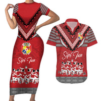 Personalised Tonga Rugby Pacific Couples Matching Short Sleeve Bodycon Dress and Hawaiian Shirt Ikale Tahi Sipi Tau LT9 Red - Polynesian Pride