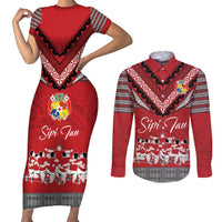 Personalised Tonga Rugby Pacific Couples Matching Short Sleeve Bodycon Dress and Long Sleeve Button Shirt Ikale Tahi Sipi Tau LT9 Red - Polynesian Pride