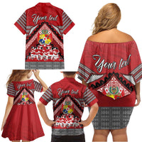 Personalised Tonga Rugby Pacific Family Matching Off Shoulder Short Dress and Hawaiian Shirt Ikale Tahi Sipi Tau LT9 - Polynesian Pride