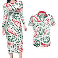 New Zealand Kowhaiwhai Christmas Couples Matching Long Sleeve Bodycon Dress and Hawaiian Shirt Traditional Maori Koru Pattern LT9 White - Polynesian Pride