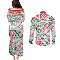 New Zealand Kowhaiwhai Christmas Couples Matching Puletasi and Long Sleeve Button Shirt Traditional Maori Koru Pattern LT9 - Polynesian Pride