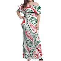 New Zealand Kowhaiwhai Christmas Off Shoulder Maxi Dress Traditional Maori Koru Pattern LT9 Women White - Polynesian Pride
