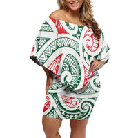 New Zealand Kowhaiwhai Christmas Off Shoulder Short Dress Traditional Maori Koru Pattern LT9 Women White - Polynesian Pride