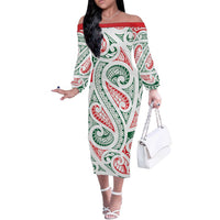 New Zealand Kowhaiwhai Christmas Off The Shoulder Long Sleeve Dress Traditional Maori Koru Pattern LT9 Women White - Polynesian Pride