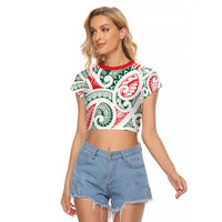 New Zealand Kowhaiwhai Christmas Raglan Cropped T Shirt Traditional Maori Koru Pattern LT9 Female White - Polynesian Pride