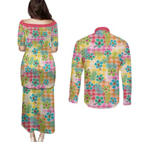 Hawaiian Palaka Couples Matching Puletasi and Long Sleeve Button Shirt Hibiscus Palm Leaf Pattern - Polynesian Pride