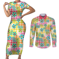 Hawaiian Palaka Couples Matching Short Sleeve Bodycon Dress and Long Sleeve Button Shirt Hibiscus Palm Leaf Pattern - Polynesian Pride