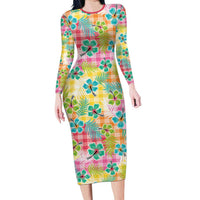 Hawaiian Palaka Family Matching Long Sleeve Bodycon Dress and Hawaiian Shirt Hibiscus Palm Leaf Pattern LT9 Mom's Dress Yellow - Polynesian Pride