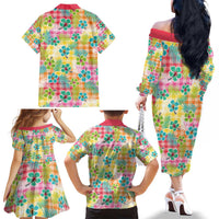 Hawaiian Palaka Family Matching Off The Shoulder Long Sleeve Dress and Hawaiian Shirt Hibiscus Palm Leaf Pattern LT9 - Polynesian Pride