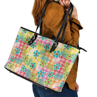 Hawaiian Palaka Leather Tote Bag Hibiscus Palm Leaf Pattern - Polynesian Pride