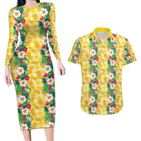 Hawaiian Palaka Couples Matching Long Sleeve Bodycon Dress and Hawaiian Shirt Hibiscus Pineapple Lei LT9 Yellow - Polynesian Pride