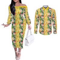 Hawaiian Palaka Couples Matching Off The Shoulder Long Sleeve Dress and Long Sleeve Button Shirt Hibiscus Pineapple Lei LT9 Yellow - Polynesian Pride