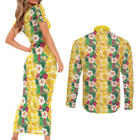 Hawaiian Palaka Couples Matching Short Sleeve Bodycon Dress and Long Sleeve Button Shirt Hibiscus Pineapple Lei LT9 - Polynesian Pride