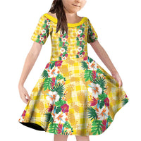 Hawaiian Palaka Family Matching Off Shoulder Short Dress and Hawaiian Shirt Hibiscus Pineapple Lei LT9 Daughter's Dress Yellow - Polynesian Pride
