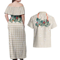 Brown Hawaiian Palaka Couples Matching Off Shoulder Maxi Dress and Hawaiian Shirt Kukui Nut Money Lei LT9 - Polynesian Pride