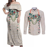 Brown Hawaiian Palaka Couples Matching Off Shoulder Maxi Dress and Long Sleeve Button Shirt Kukui Nut Money Lei LT9 Brown - Polynesian Pride