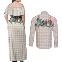 Brown Hawaiian Palaka Couples Matching Off Shoulder Maxi Dress and Long Sleeve Button Shirt Kukui Nut Money Lei LT9 - Polynesian Pride