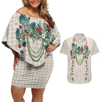 Brown Hawaiian Palaka Couples Matching Off Shoulder Short Dress and Hawaiian Shirt Kukui Nut Money Lei LT9 Brown - Polynesian Pride