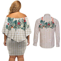 Brown Hawaiian Palaka Couples Matching Off Shoulder Short Dress and Long Sleeve Button Shirt Kukui Nut Money Lei LT9 - Polynesian Pride