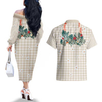 Brown Hawaiian Palaka Couples Matching Off The Shoulder Long Sleeve Dress and Hawaiian Shirt Kukui Nut Money Lei LT9 - Polynesian Pride