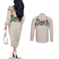 Brown Hawaiian Palaka Couples Matching Off The Shoulder Long Sleeve Dress and Long Sleeve Button Shirt Kukui Nut Money Lei LT9 - Polynesian Pride