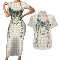 Brown Hawaiian Palaka Couples Matching Short Sleeve Bodycon Dress and Hawaiian Shirt Kukui Nut Money Lei LT9 Brown - Polynesian Pride