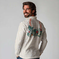 Brown Hawaiian Palaka Long Sleeve Polo Shirt Kukui Nut Money Lei - Polynesian Pride