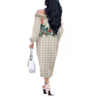 Brown Hawaiian Palaka Off The Shoulder Long Sleeve Dress Kukui Nut Money Lei - Polynesian Pride