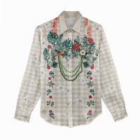 Brown Hawaiian Palaka Women Casual Shirt Kukui Nut Money Lei - Polynesian Pride