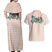Peach Hawaiian Palaka Couples Matching Off Shoulder Maxi Dress and Hawaiian Shirt Kukui Nut Money Lei LT9 - Polynesian Pride