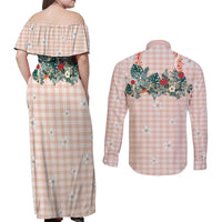 Peach Hawaiian Palaka Couples Matching Off Shoulder Maxi Dress and Long Sleeve Button Shirt Kukui Nut Money Lei LT9 - Polynesian Pride