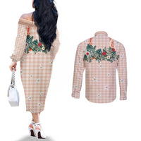 Peach Hawaiian Palaka Couples Matching Off The Shoulder Long Sleeve Dress and Long Sleeve Button Shirt Kukui Nut Money Lei LT9 - Polynesian Pride