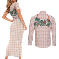 Peach Hawaiian Palaka Couples Matching Short Sleeve Bodycon Dress and Long Sleeve Button Shirt Kukui Nut Money Lei LT9 - Polynesian Pride