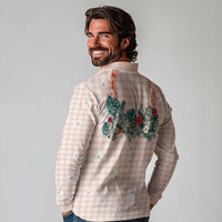 Peach Hawaiian Palaka Long Sleeve Polo Shirt Kukui Nut Money Lei - Polynesian Pride