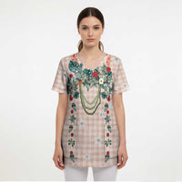 Peach Hawaiian Palaka Scrub Top Kukui Nut Money Lei - Polynesian Pride