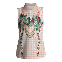 Peach Hawaiian Palaka Women Sleeveless Polo Shirt Kukui Nut Money Lei LT9 Female Peach - Polynesian Pride