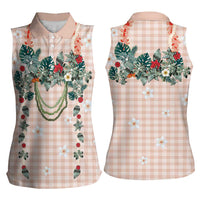 Peach Hawaiian Palaka Women Sleeveless Polo Shirt Kukui Nut Money Lei LT9 - Polynesian Pride
